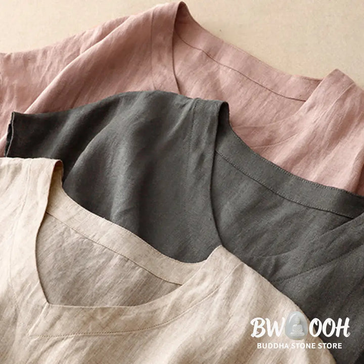 Buddha Stones Casual Artistic Solid Color Simple Design High Waist Short Sleeve Cotton Linen Midi Dress With Pockets