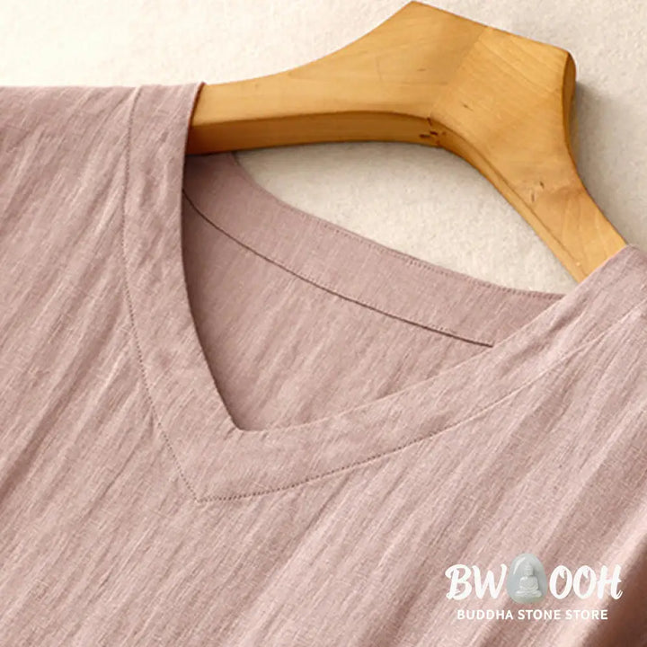 Buddha Stones Casual Artistic Solid Color Simple Design High Waist Short Sleeve Cotton Linen Midi Dress With Pockets