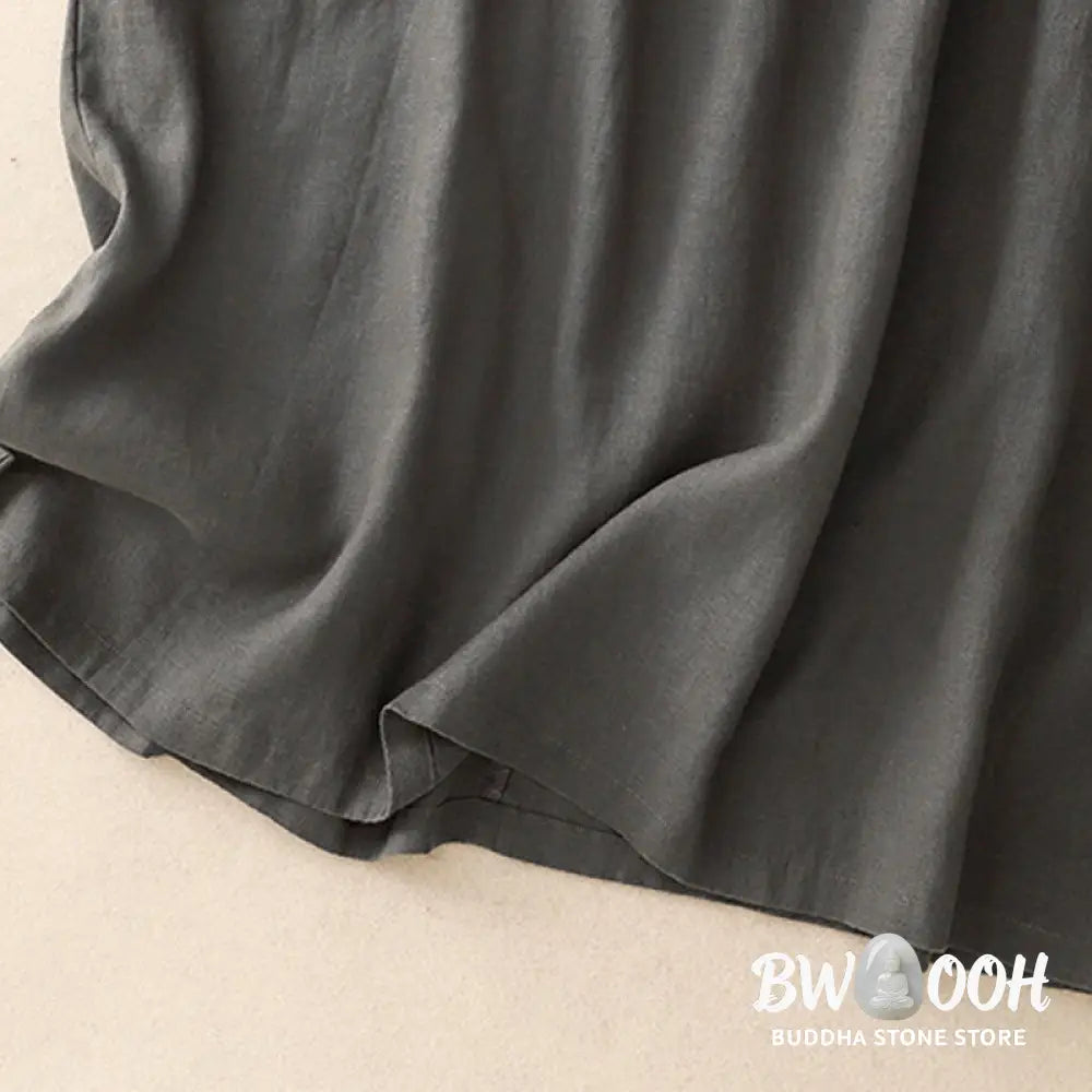Buddha Stones Casual Artistic Solid Color Simple Design High Waist Short Sleeve Cotton Linen Midi Dress With Pockets