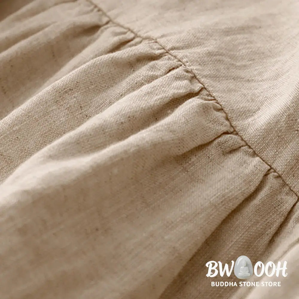 Buddha Stones Casual Artistic Solid Color Simple Design High Waist Short Sleeve Cotton Linen Midi Dress With Pockets