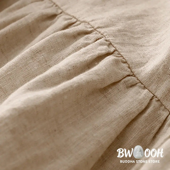 Buddha Stones Casual Artistic Solid Color Simple Design High Waist Short Sleeve Cotton Linen Midi Dress With Pockets