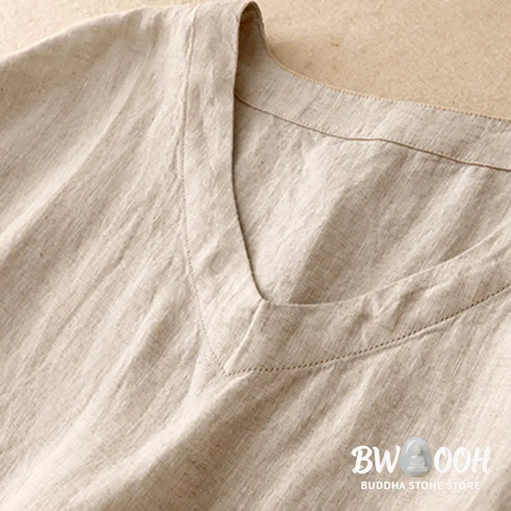 Buddha Stones Casual Artistic Solid Color Simple Design High Waist Short Sleeve Cotton Linen Midi Dress With Pockets