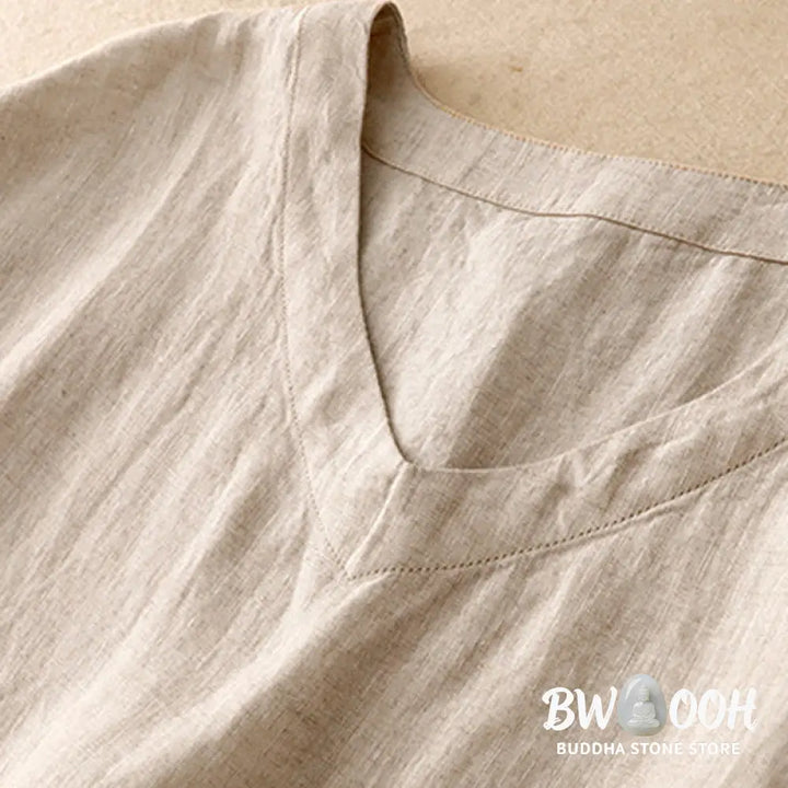 Buddha Stones Casual Artistic Solid Color Simple Design High Waist Short Sleeve Cotton Linen Midi Dress With Pockets