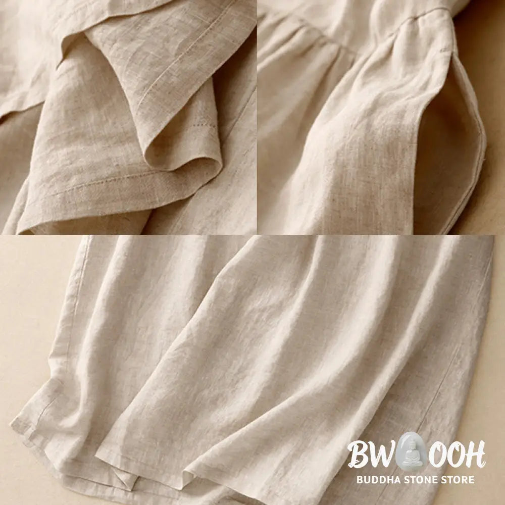 Buddha Stones Casual Artistic Solid Color Simple Design High Waist Short Sleeve Cotton Linen Midi Dress With Pockets