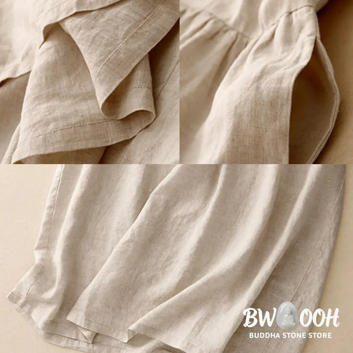 Buddha Stones Casual Artistic Solid Color Simple Design High Waist Short Sleeve Cotton Linen Midi Dress With Pockets