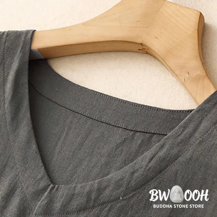 Buddha Stones Casual Artistic Solid Color Simple Design High Waist Short Sleeve Cotton Linen Midi Dress With Pockets