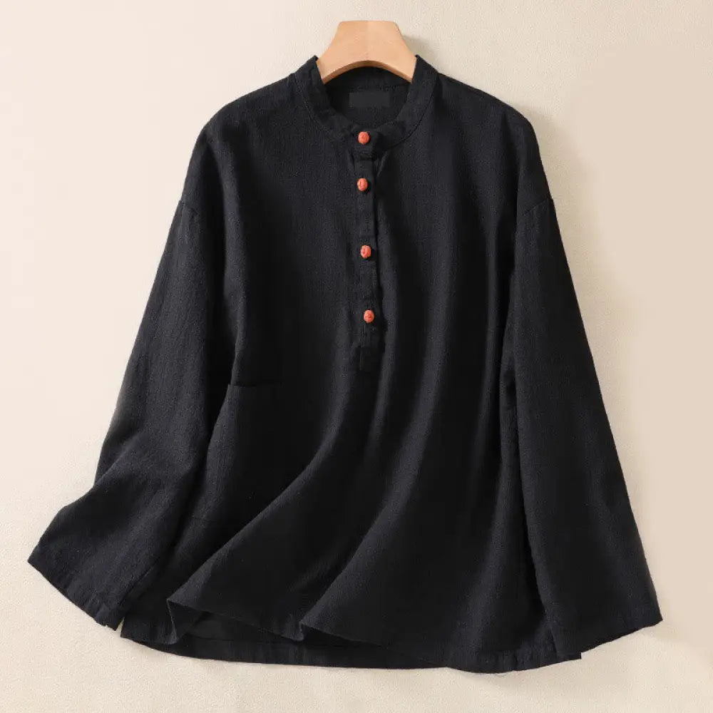 Buddha Stones Casual Buttons Crew Neck Cotton Women’s Long Sleeve Shirt With Pockets - Black / US2，UK/AU6，EU34 (M)