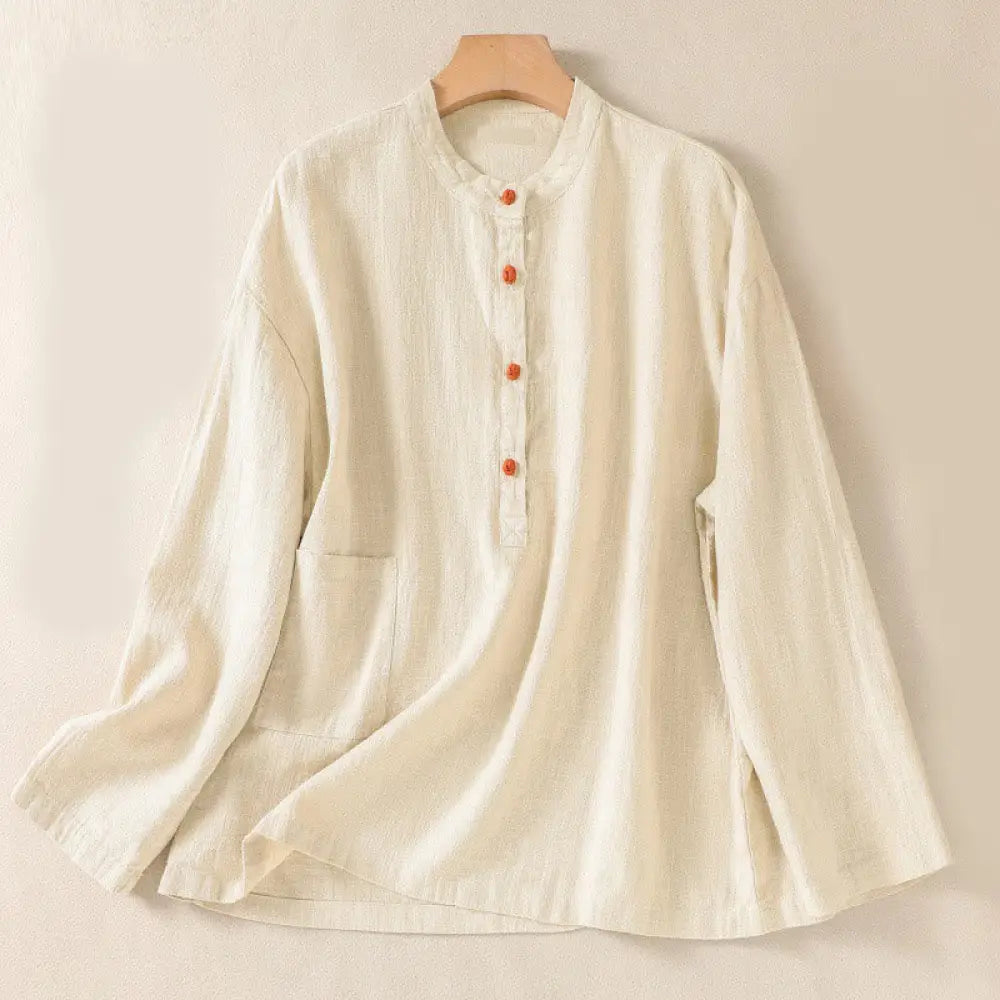 Buddha Stones Casual Buttons Crew Neck Cotton Women’s Long Sleeve Shirt With Pockets - Cornsilk / US2，UK/AU6，EU34 (M)