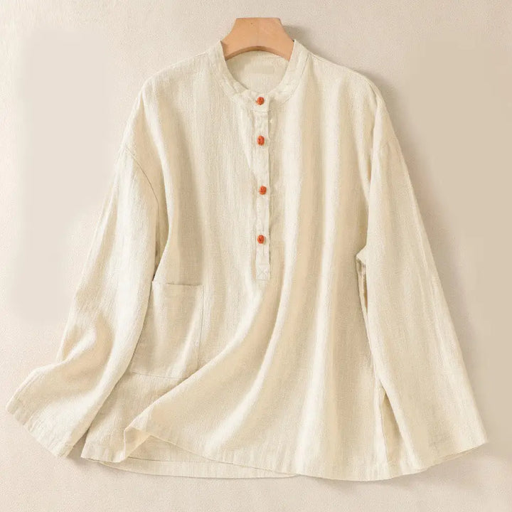 Buddha Stones Casual Buttons Crew Neck Cotton Women’s Long Sleeve Shirt With Pockets - Cornsilk / US2，UK/AU6，EU34 (M)