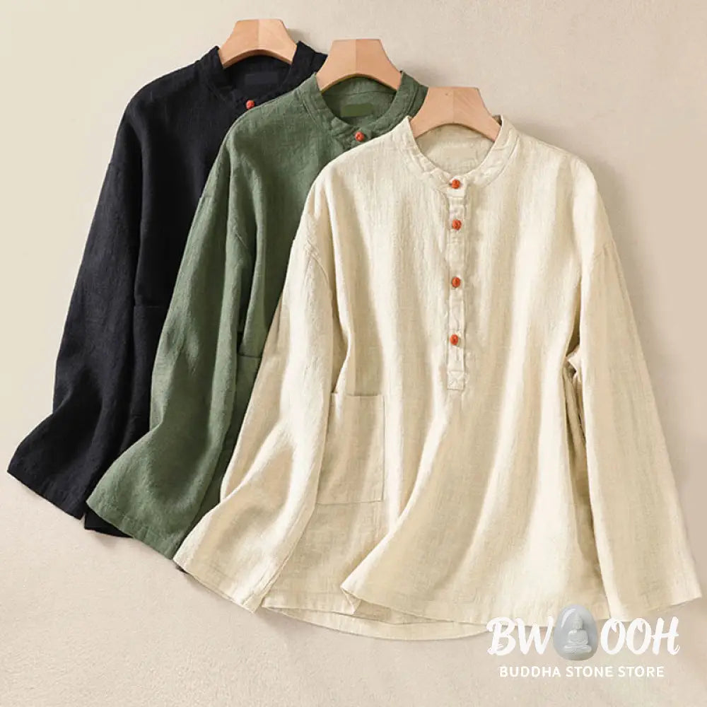 Buddha Stones Casual Buttons Crew Neck Cotton Women’s Long Sleeve Shirt With Pockets - Women’s Shirts