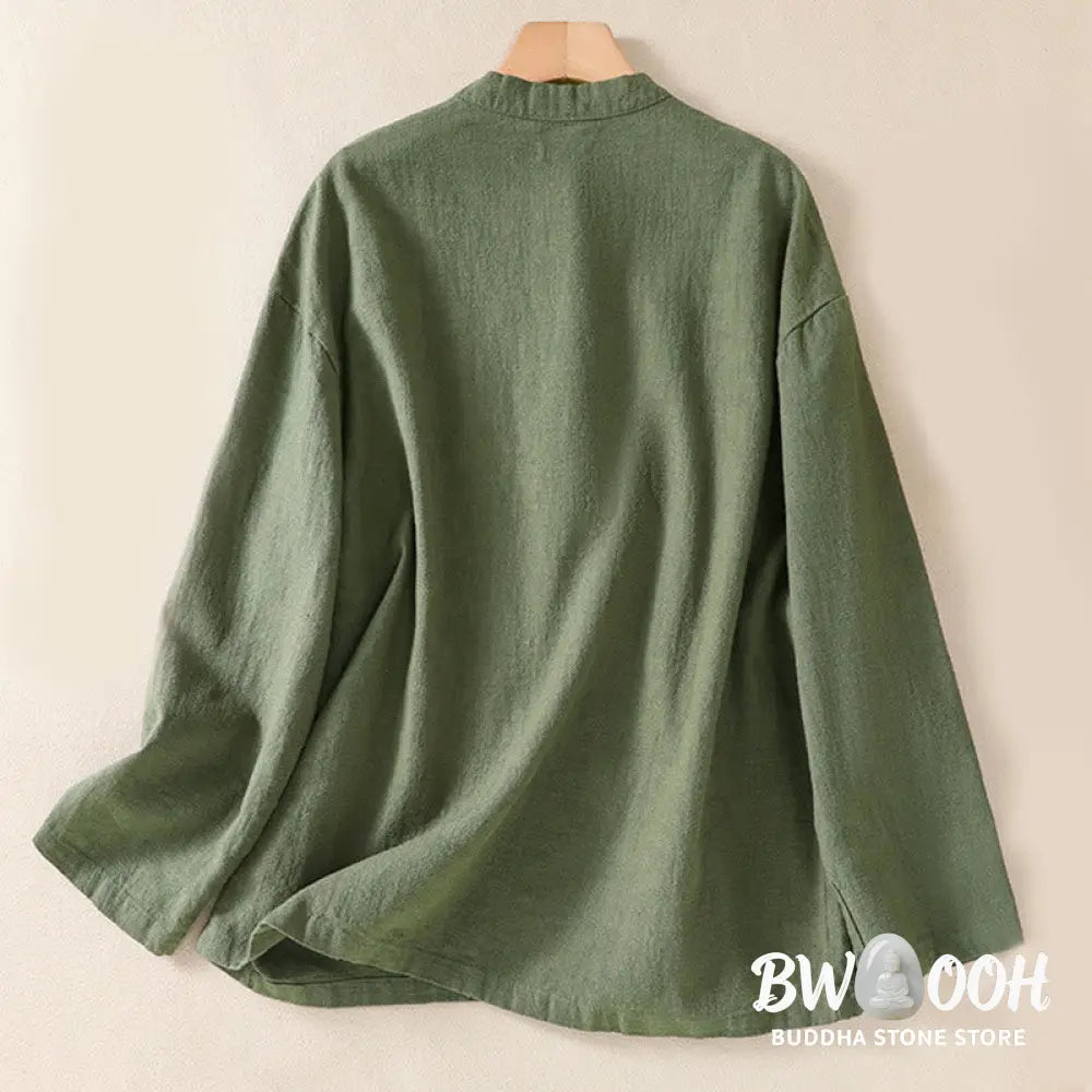 Buddha Stones Casual Buttons Crew Neck Cotton Women’s Long Sleeve Shirt With Pockets - Women’s Shirts
