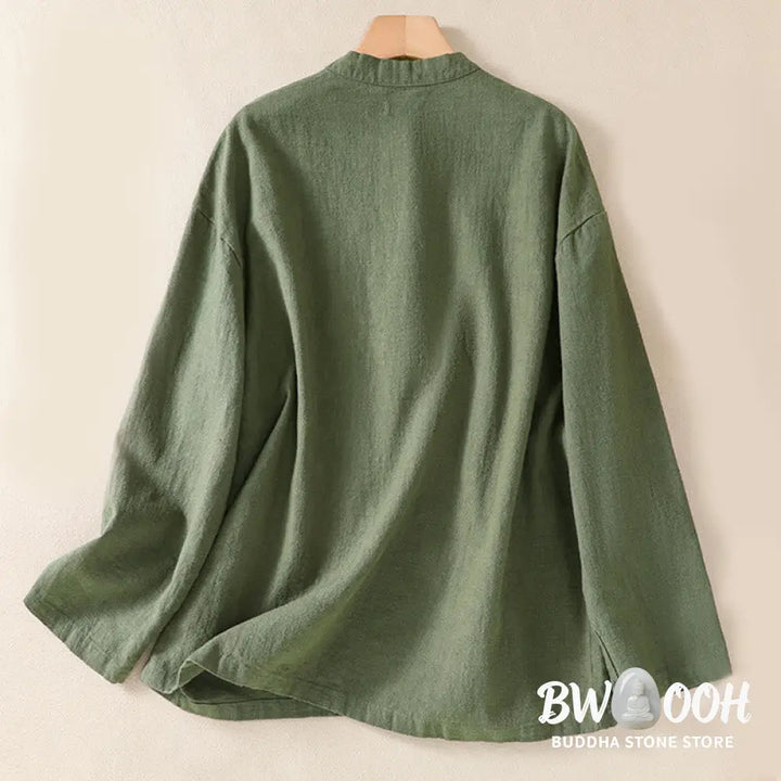 Buddha Stones Casual Buttons Crew Neck Cotton Women’s Long Sleeve Shirt With Pockets - Women’s Shirts