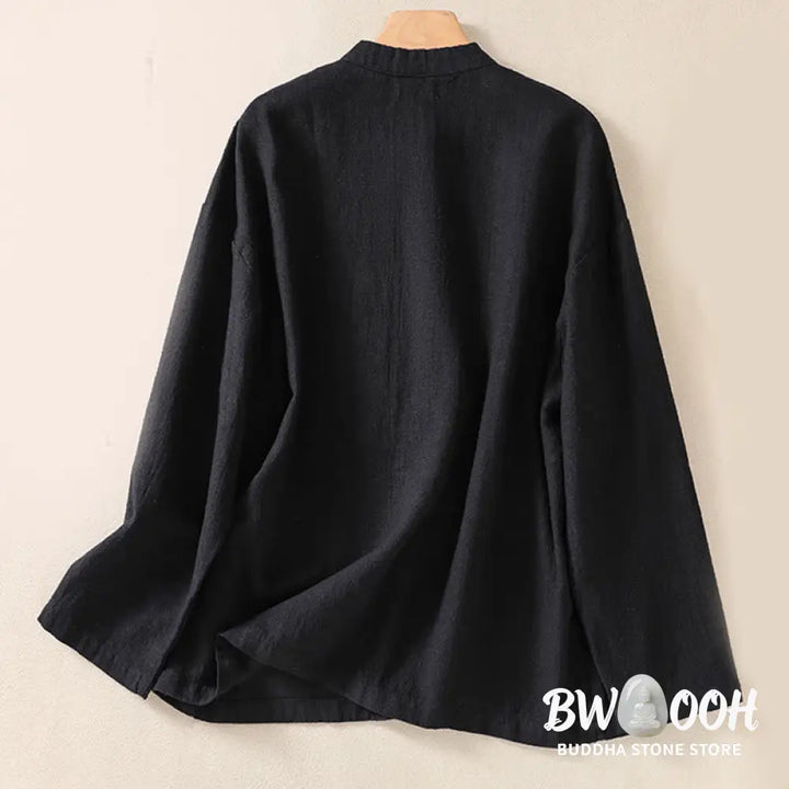 Buddha Stones Casual Buttons Crew Neck Cotton Women’s Long Sleeve Shirt With Pockets - Women’s Shirts