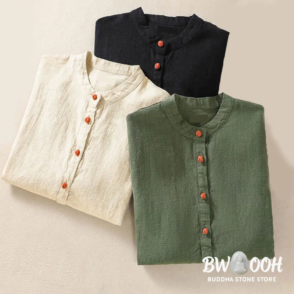 Buddha Stones Casual Buttons Crew Neck Cotton Women’s Long Sleeve Shirt With Pockets - Women’s Shirts