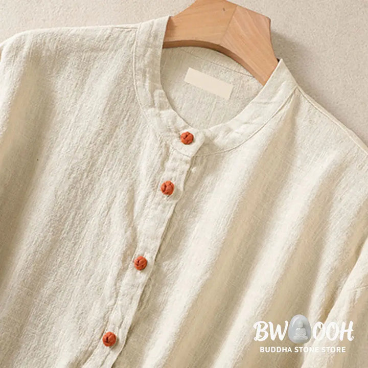 Buddha Stones Casual Buttons Crew Neck Cotton Women’s Long Sleeve Shirt With Pockets - Women’s Shirts