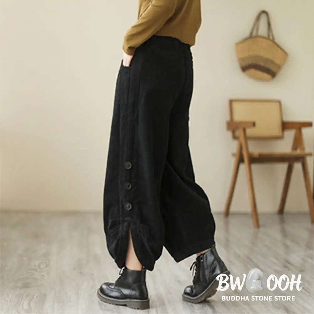 Buddha Stones Casual Buttons Leg Opening Design Women’s Cotton Corduroy Pants With Pockets - Women’s Pants
