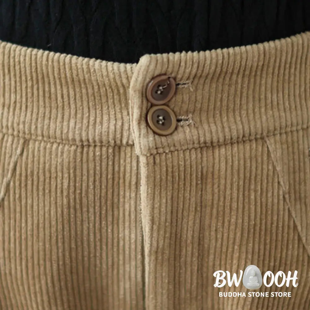 Buddha Stones Casual Buttons Leg Opening Design Women’s Cotton Corduroy Pants With Pockets - Women’s Pants