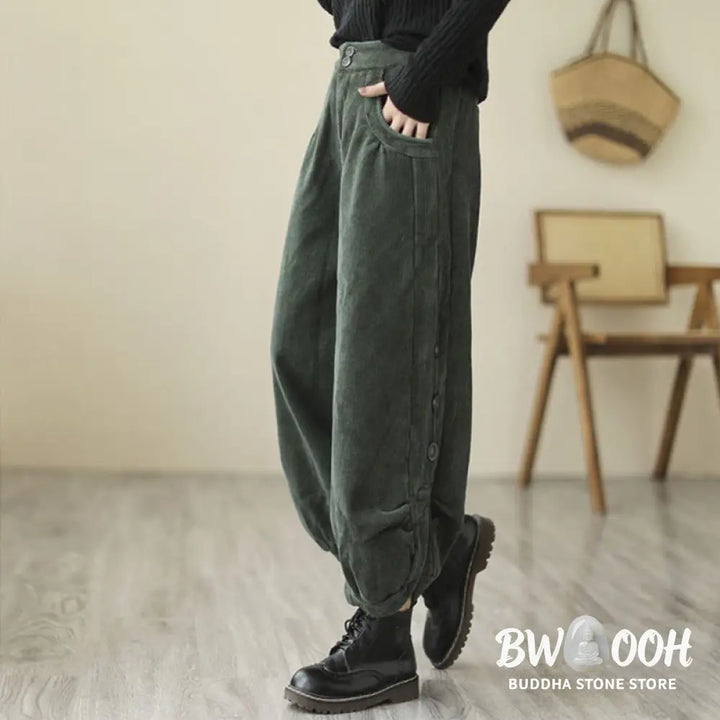 Buddha Stones Casual Buttons Leg Opening Design Women’s Cotton Corduroy Pants With Pockets - Women’s Pants