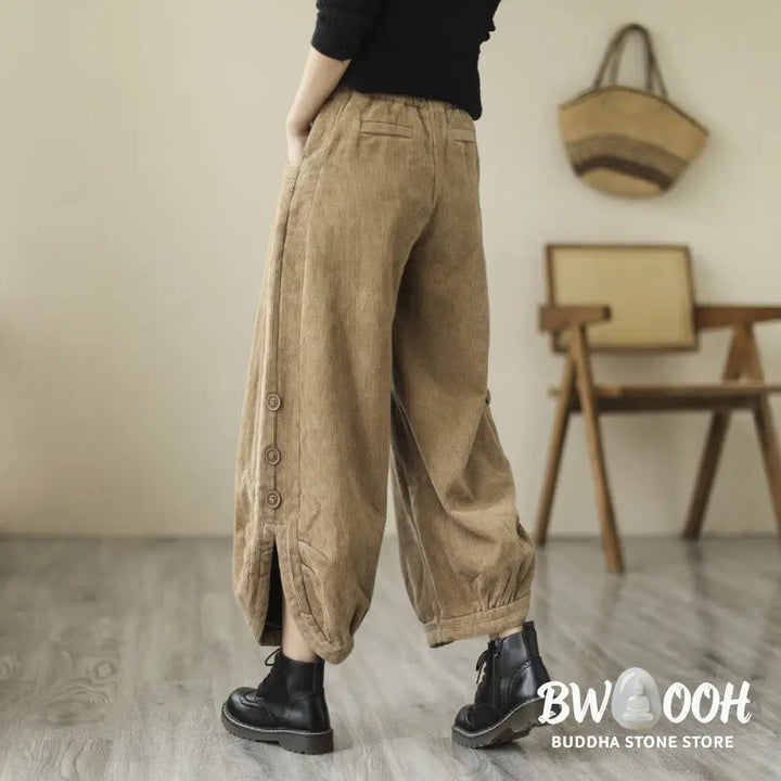 Buddha Stones Casual Buttons Leg Opening Design Women’s Cotton Corduroy Pants With Pockets - Women’s Pants