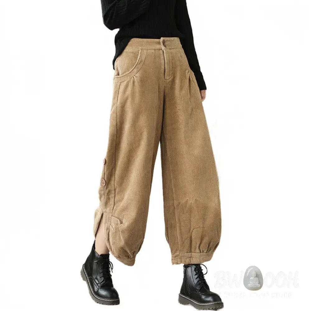 Buddha Stones Casual Buttons Leg Opening Design Women’s Cotton Corduroy Pants With Pockets - Women’s Pants