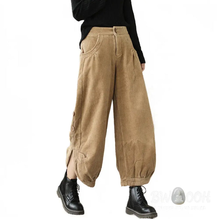 Buddha Stones Casual Buttons Leg Opening Design Women’s Cotton Corduroy Pants With Pockets - Women’s Pants
