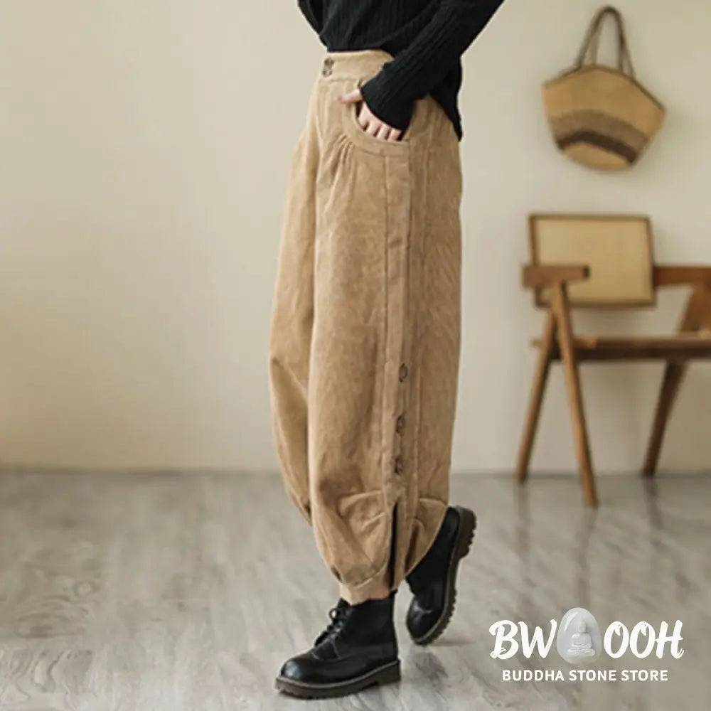 Buddha Stones Casual Buttons Leg Opening Design Women’s Cotton Corduroy Pants With Pockets - Women’s Pants