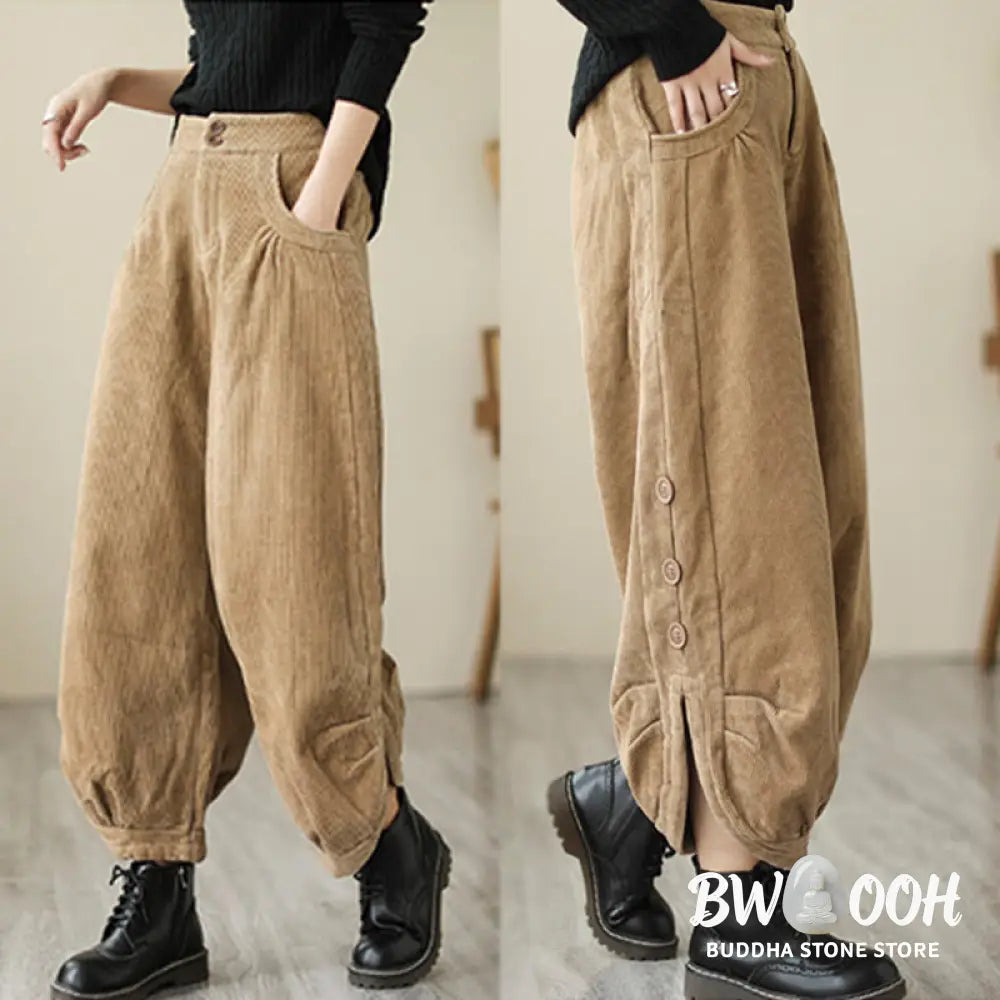 Buddha Stones Casual Buttons Leg Opening Design Women’s Cotton Corduroy Pants With Pockets - Women’s Pants