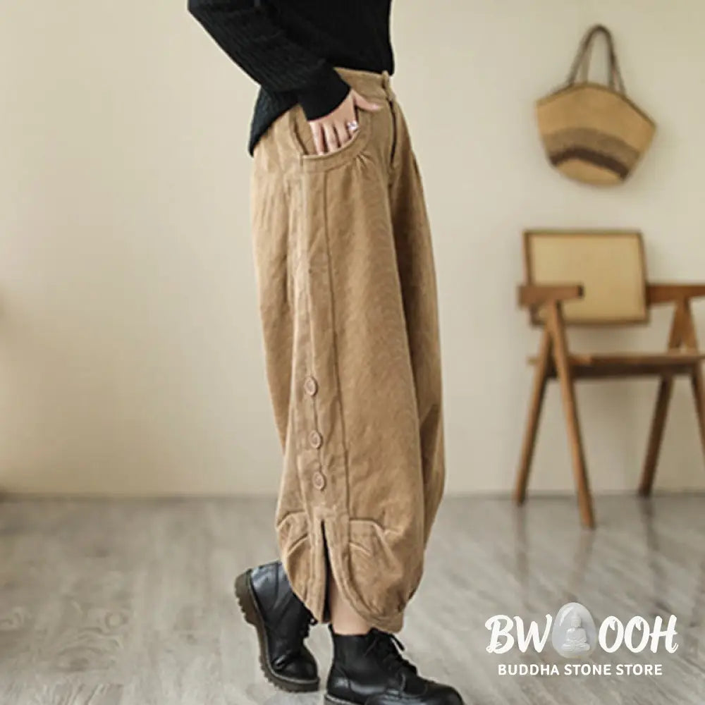 Buddha Stones Casual Buttons Leg Opening Design Women’s Cotton Corduroy Pants With Pockets - Women’s Pants