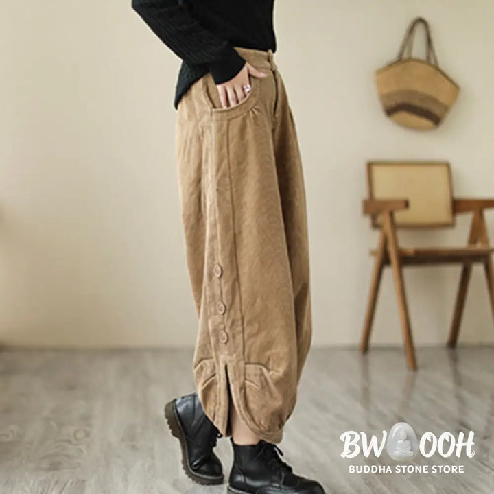 Buddha Stones Casual Buttons Leg Opening Design Women’s Cotton Corduroy Pants With Pockets - Women’s Pants