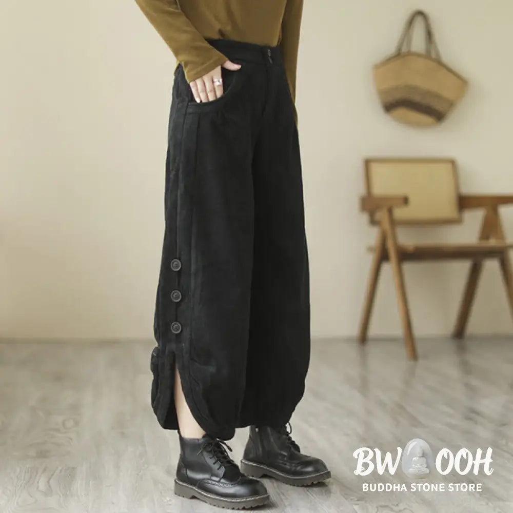 Buddha Stones Casual Buttons Leg Opening Design Women’s Cotton Corduroy Pants With Pockets - Women’s Pants