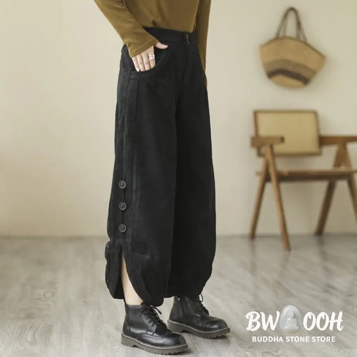 Buddha Stones Casual Buttons Leg Opening Design Women’s Cotton Corduroy Pants With Pockets - Women’s Pants
