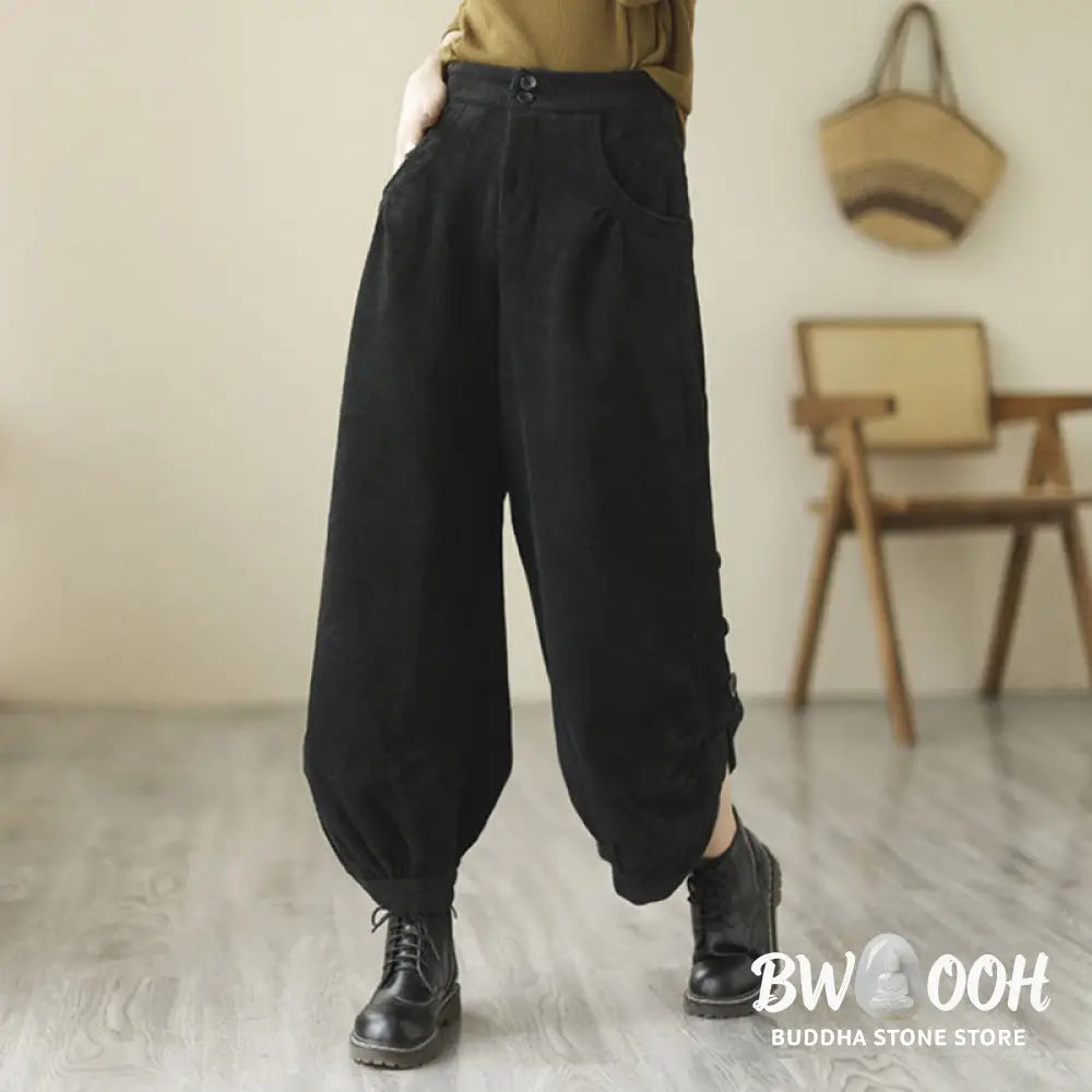 Buddha Stones Casual Buttons Leg Opening Design Women’s Cotton Corduroy Pants With Pockets - Women’s Pants