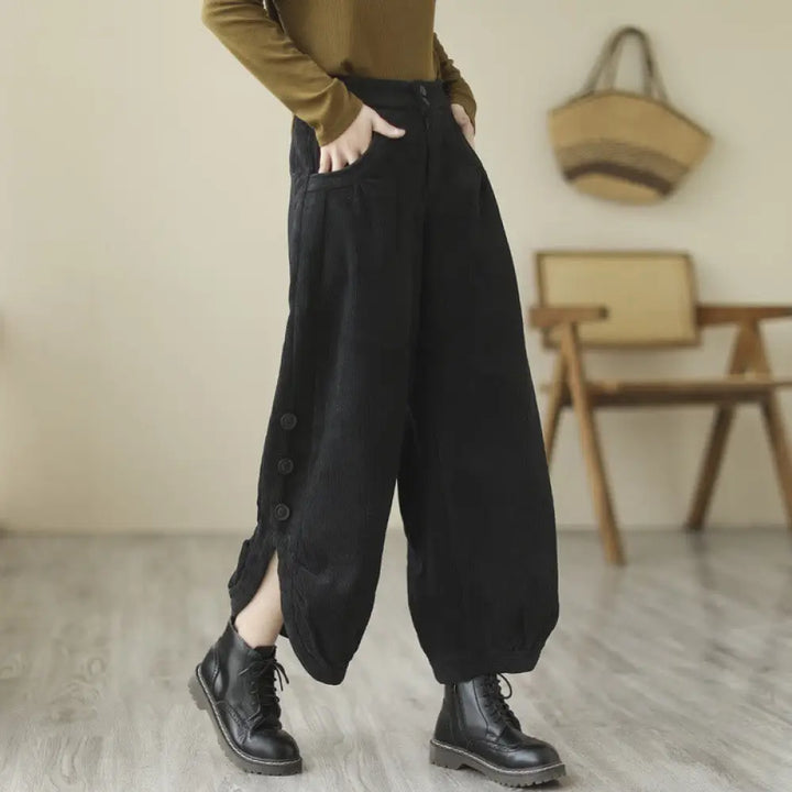 Buddha Stones Casual Buttons Leg Opening Design Women’s Cotton Corduroy Pants With Pockets - Black / US4，UK/AU8，EU36