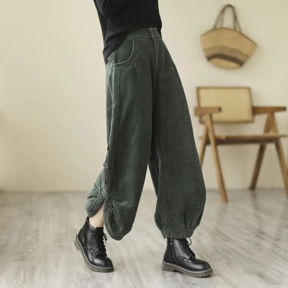 Buddha Stones Casual Buttons Leg Opening Design Women’s Cotton Corduroy Pants With Pockets - DarkSlateGray
