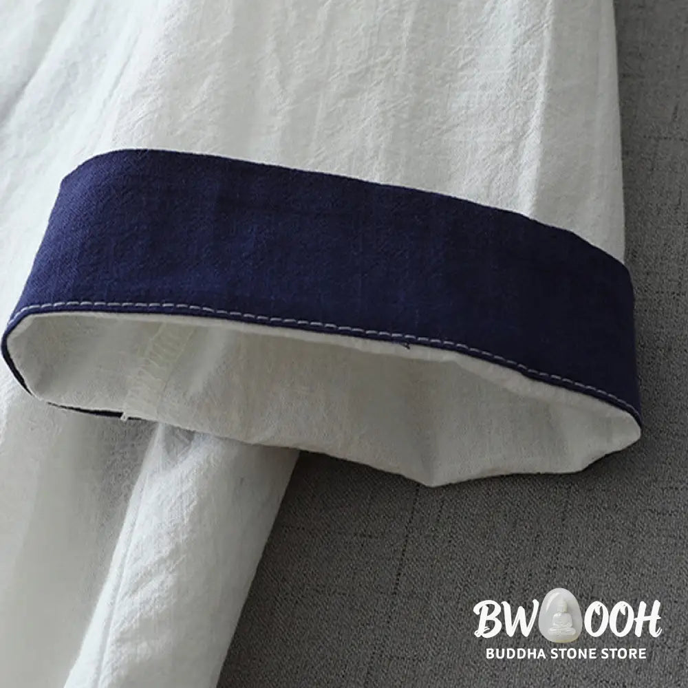 Buddha Stones Casual Color Stitching V-Neck Three Quarter Sleeve Zen Cotton Linen Women’s Shirt - Women’s Shirts