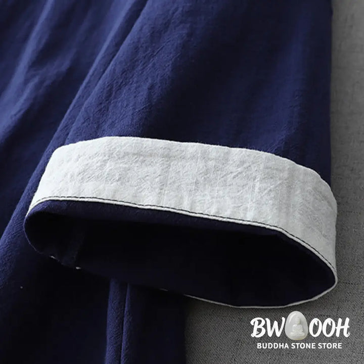 Buddha Stones Casual Color Stitching V-Neck Three Quarter Sleeve Zen Cotton Linen Women’s Shirt - Women’s Shirts