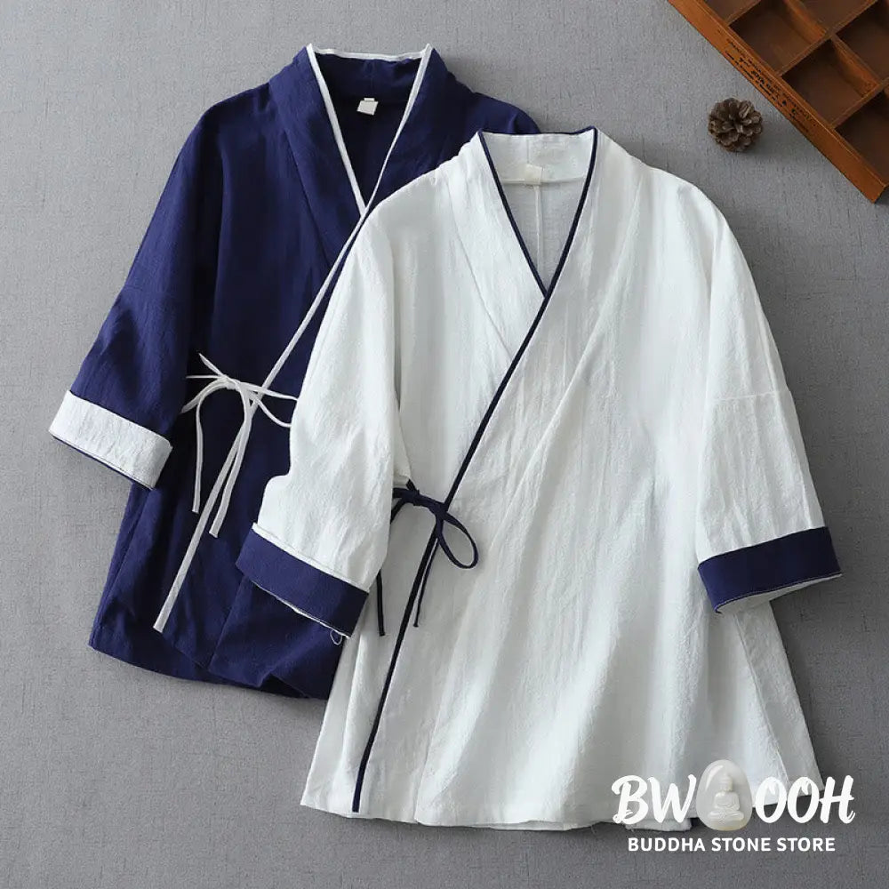 Buddha Stones Casual Color Stitching V-Neck Three Quarter Sleeve Zen Cotton Linen Women’s Shirt - Women’s Shirts