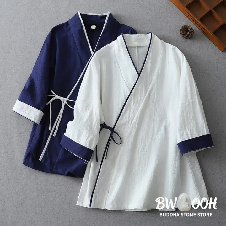 Buddha Stones Casual Color Stitching V-Neck Three Quarter Sleeve Zen Cotton Linen Women’s Shirt - Women’s Shirts