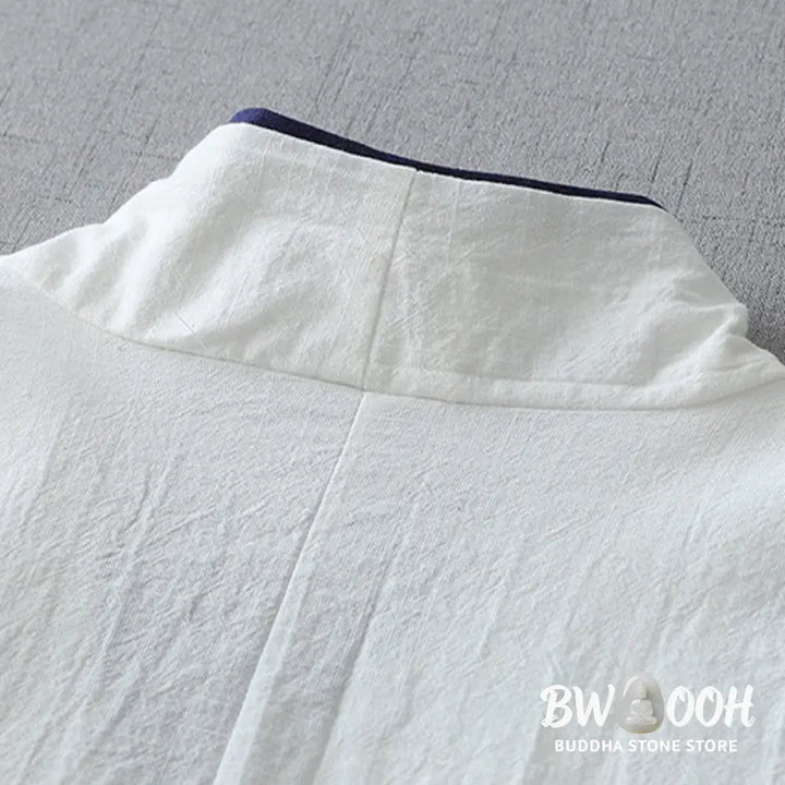 Buddha Stones Casual Color Stitching V-Neck Three Quarter Sleeve Zen Cotton Linen Women’s Shirt - Women’s Shirts