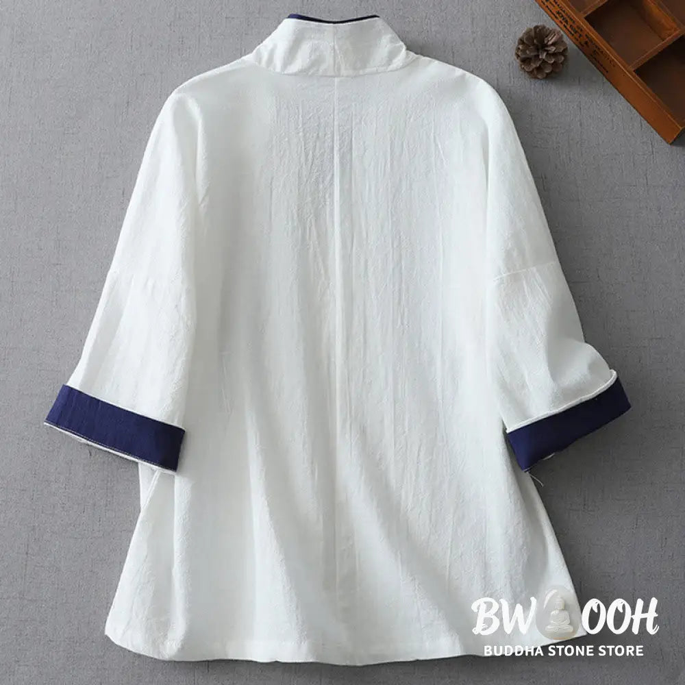 Buddha Stones Casual Color Stitching V-Neck Three Quarter Sleeve Zen Cotton Linen Women’s Shirt - Women’s Shirts