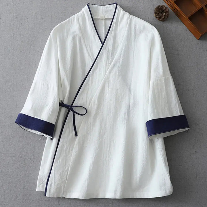 Buddha Stones Casual Color Stitching V-Neck Three Quarter Sleeve Zen Cotton Linen Women’s Shirt - White