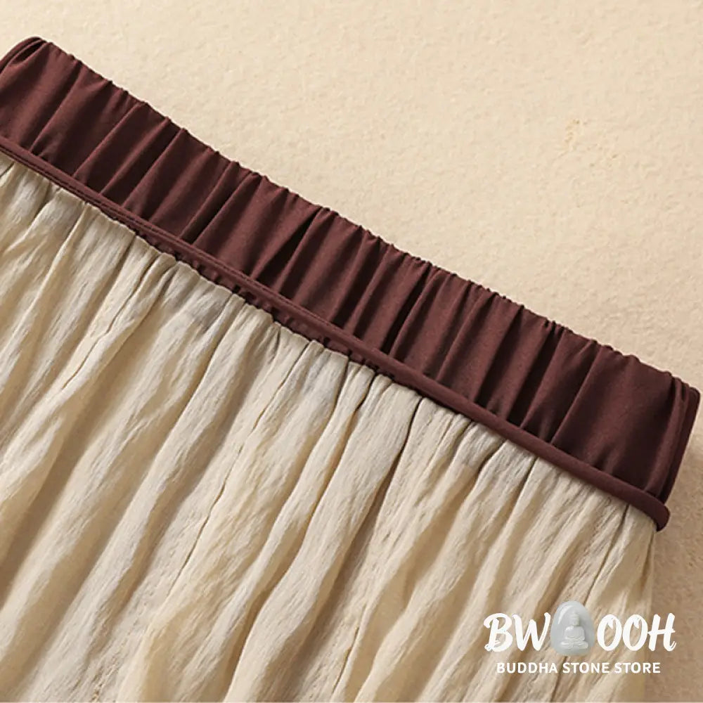 Buddha Stones Casual Contrasting Color Pleated Lace-Up Design Women’s Cotton Linen 7-8 Length Skirt - Skirt