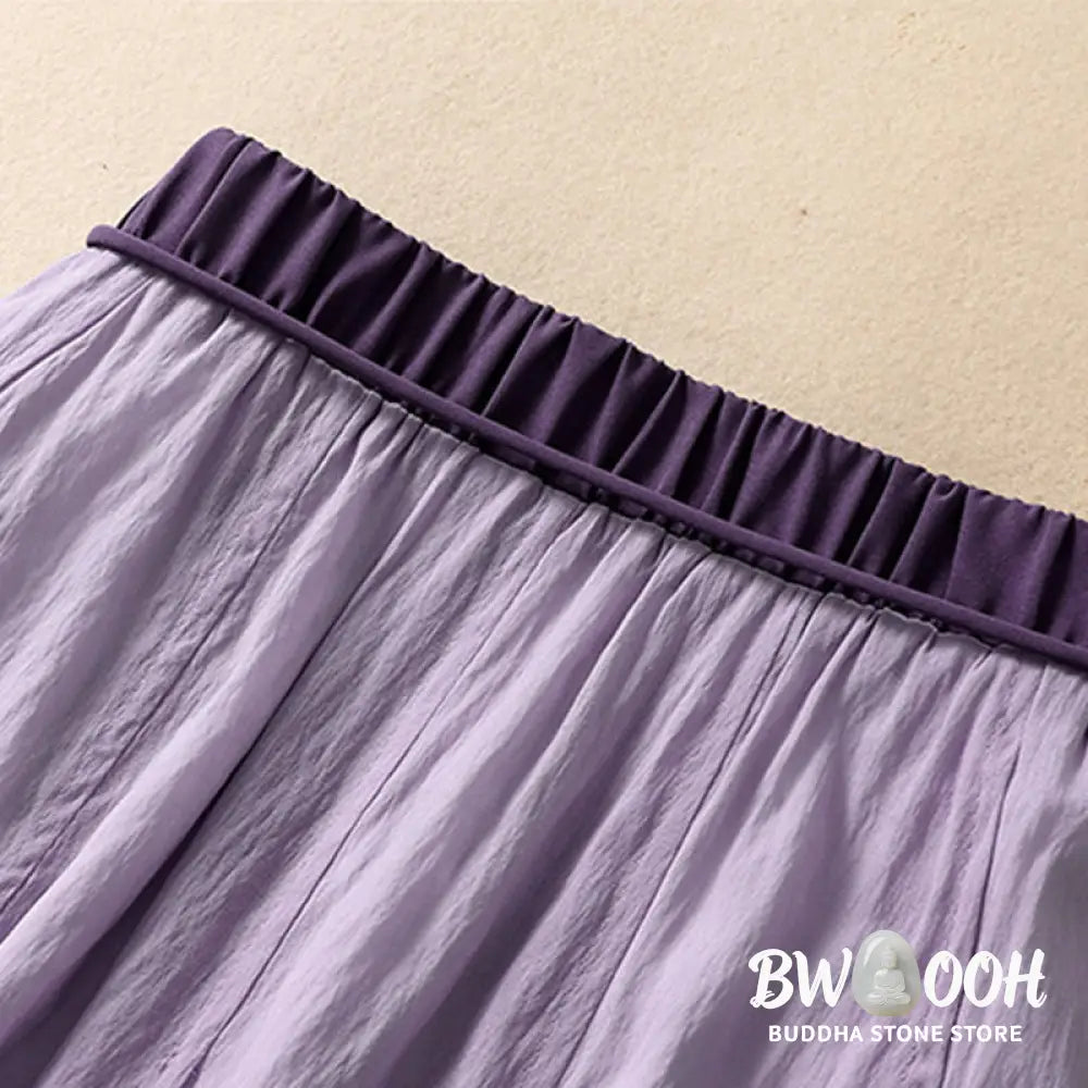 Buddha Stones Casual Contrasting Color Pleated Lace-Up Design Women’s Cotton Linen 7-8 Length Skirt - Skirt