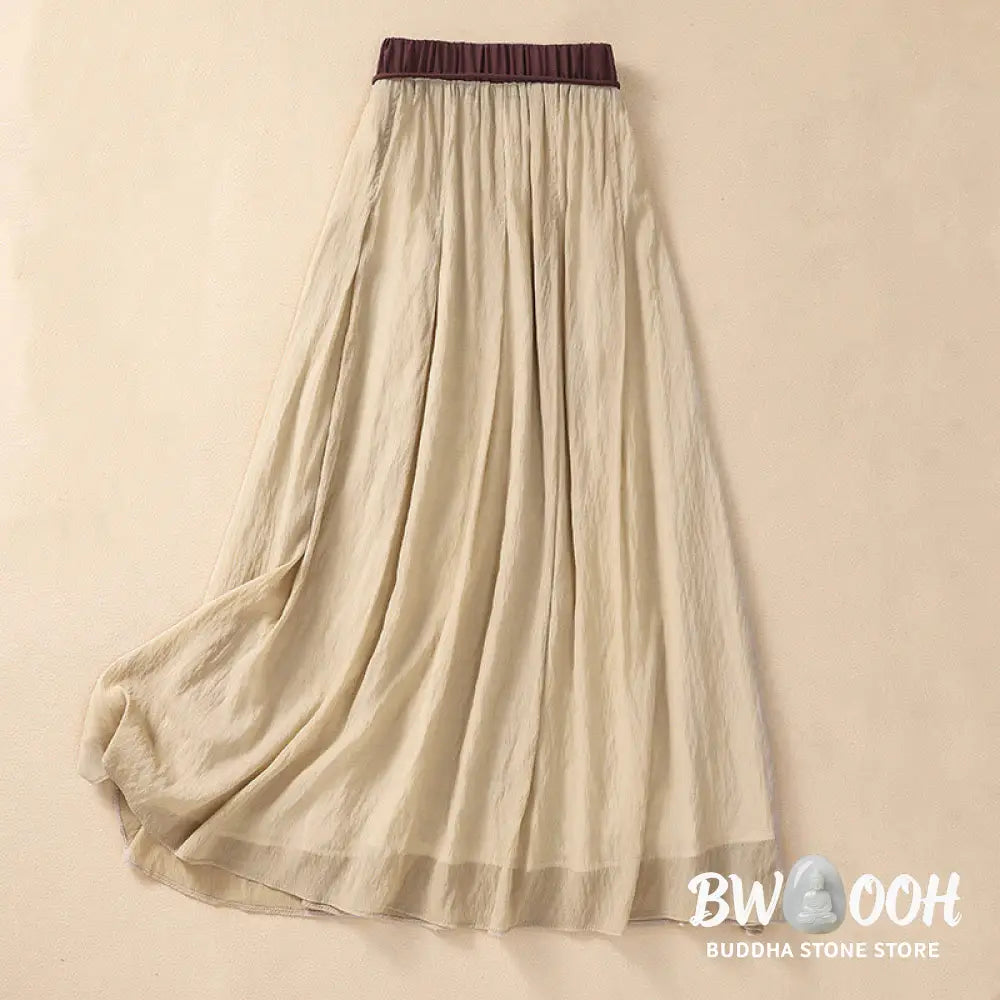 Buddha Stones Casual Contrasting Color Pleated Lace-Up Design Women’s Cotton Linen 7-8 Length Skirt - Skirt