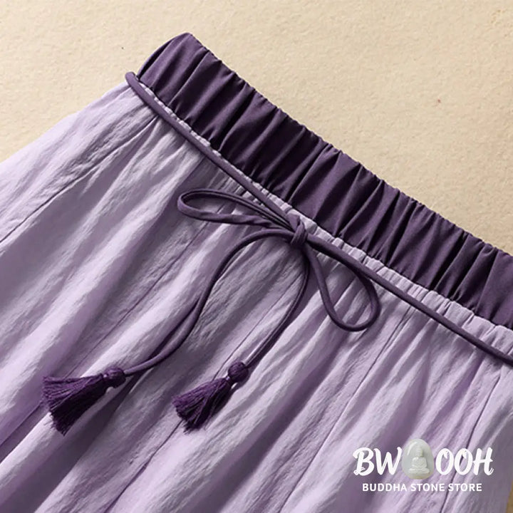 Buddha Stones Casual Contrasting Color Pleated Lace-Up Design Women’s Cotton Linen 7-8 Length Skirt - Skirt