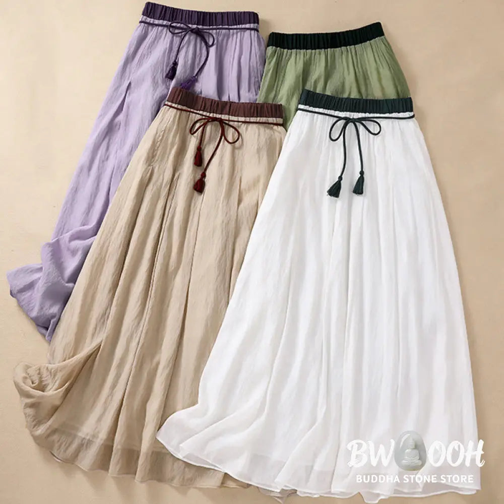 Buddha Stones Casual Contrasting Color Pleated Lace-Up Design Women’s Cotton Linen 7-8 Length Skirt - Skirt