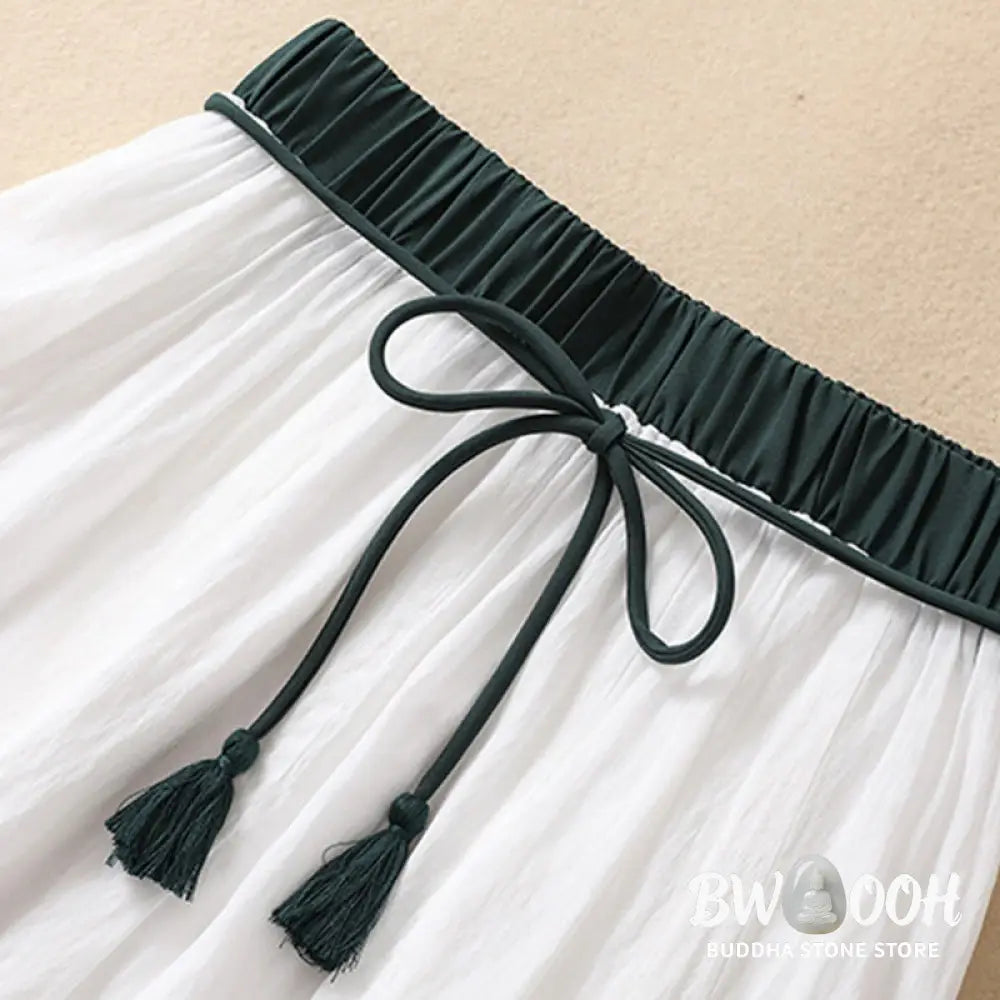 Buddha Stones Casual Contrasting Color Pleated Lace-Up Design Women’s Cotton Linen 7-8 Length Skirt - Skirt