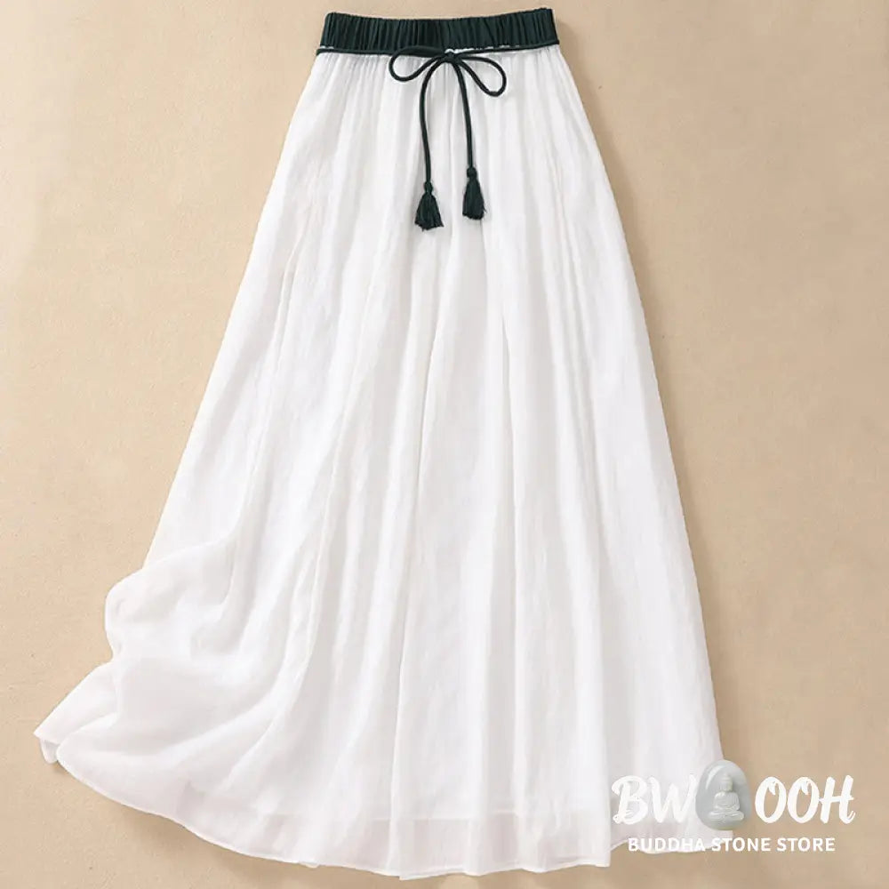 Buddha Stones Casual Contrasting Color Pleated Lace-Up Design Women’s Cotton Linen 7-8 Length Skirt - Skirt