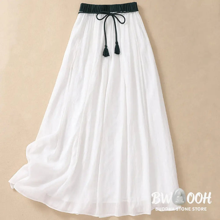 Buddha Stones Casual Contrasting Color Pleated Lace-Up Design Women’s Cotton Linen 7-8 Length Skirt - Skirt