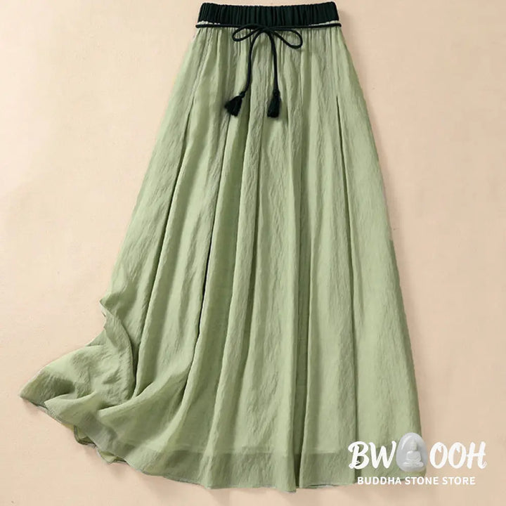 Buddha Stones Casual Contrasting Color Pleated Lace-Up Design Women’s Cotton Linen 7-8 Length Skirt - Skirt